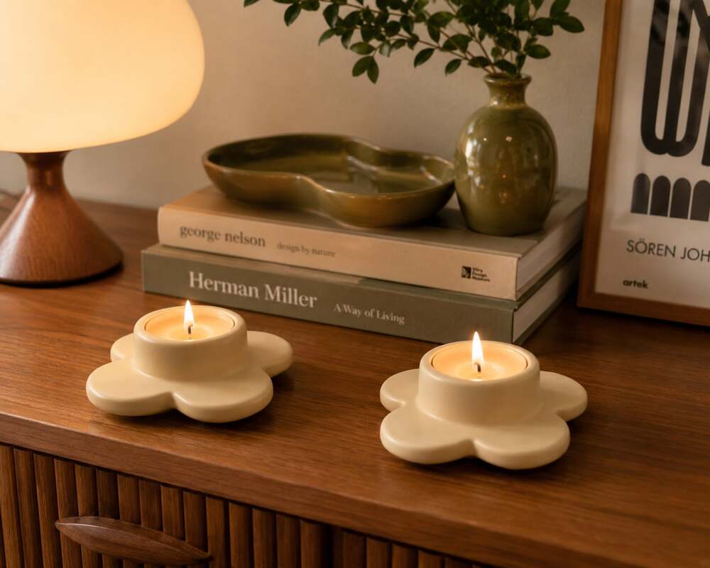 Set of 2 Cream Flower Shaped Ceramic Candle Holders